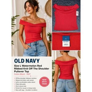 Old Navy Size L Watermelon Red Ribbed Knit Off The Shoulder Cotton Blend Top NWT